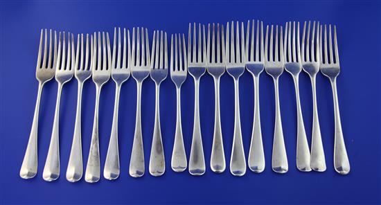 A harlequin set of sixteen 18th & 19th century Hanovarian pattern silver table forks, 30.5 oz.